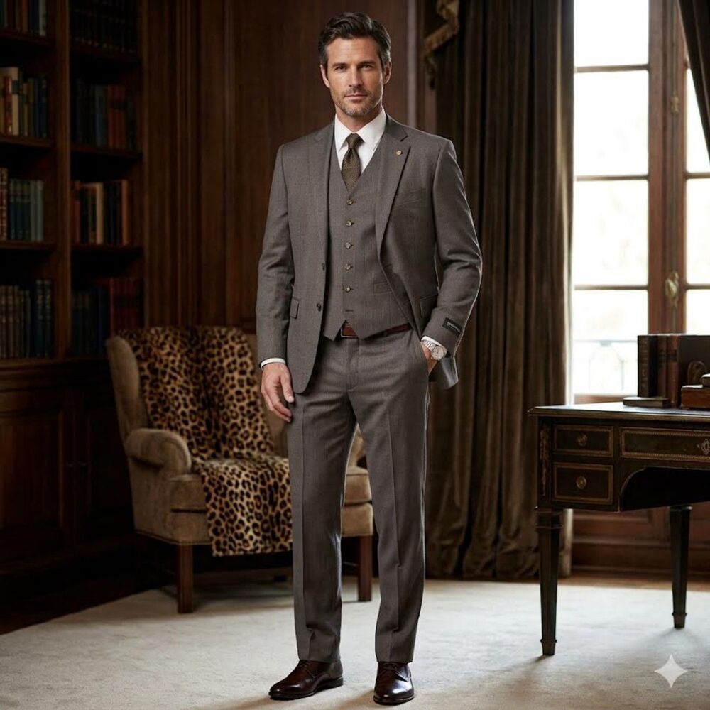 NWT Jones New York Men's 3-Piece 100% Wool Suit Jacket Pants Vest Brown Size 35S